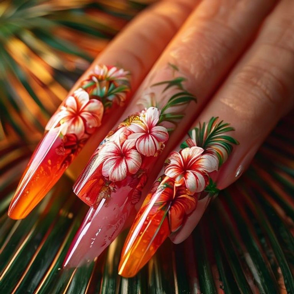 Close-up of long coffin nails with a vibrant red-to-orange gradient base, decorated with large, detailed tropical hibiscus flowers in white and pink. Golden hour lighting, tropical palm leaf background.