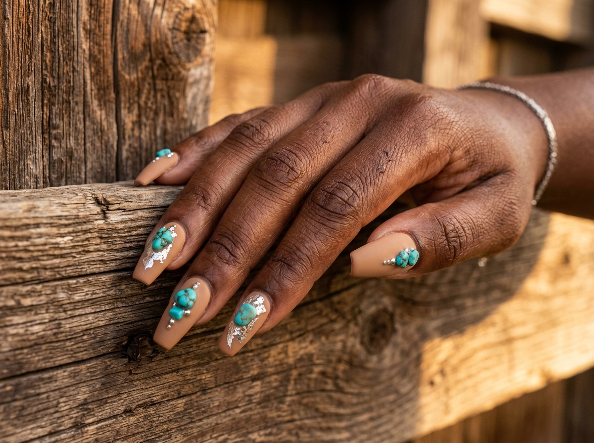 Tan coffin nails with 3D turquoise stone embellishments