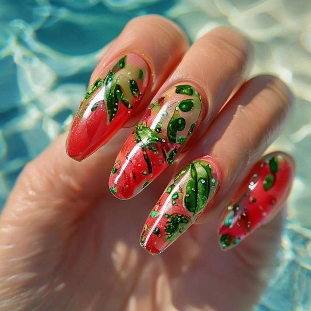 Almond watermelon red nails.