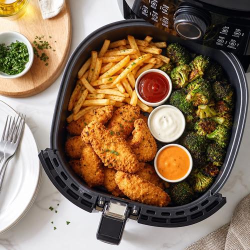 Overhead view of an air fryer basket overflowing with crispy golden foods and dips