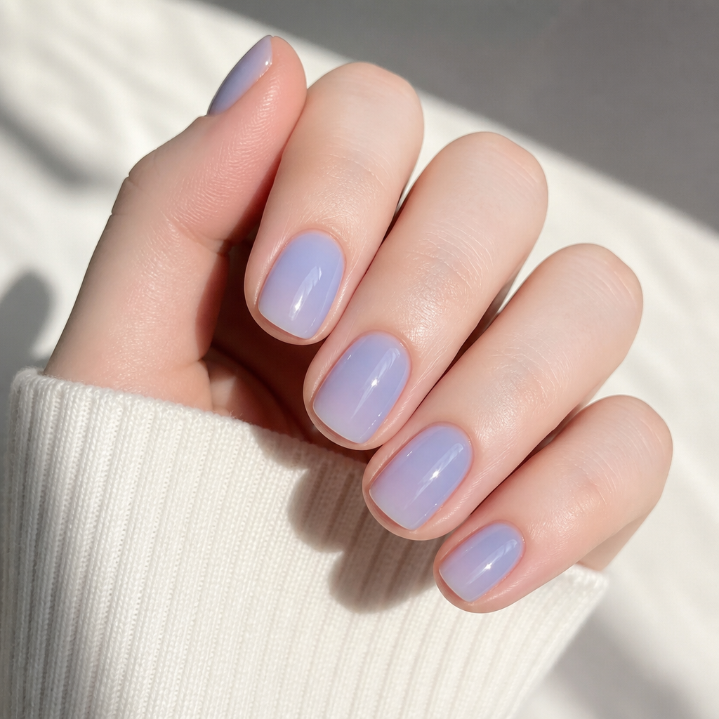 Short neat squoval nails in a classic sheer blueberry milk blue