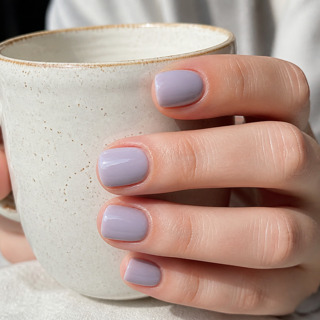Very short squoval nails painted in solid sheer blueberry milk blue