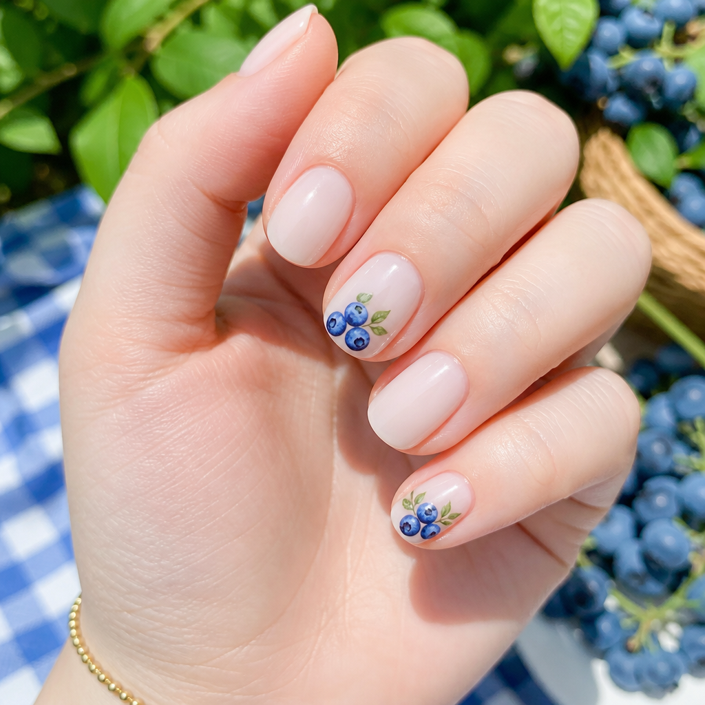 Short oval nails in sheer milky white with hand-painted tiny blueberries