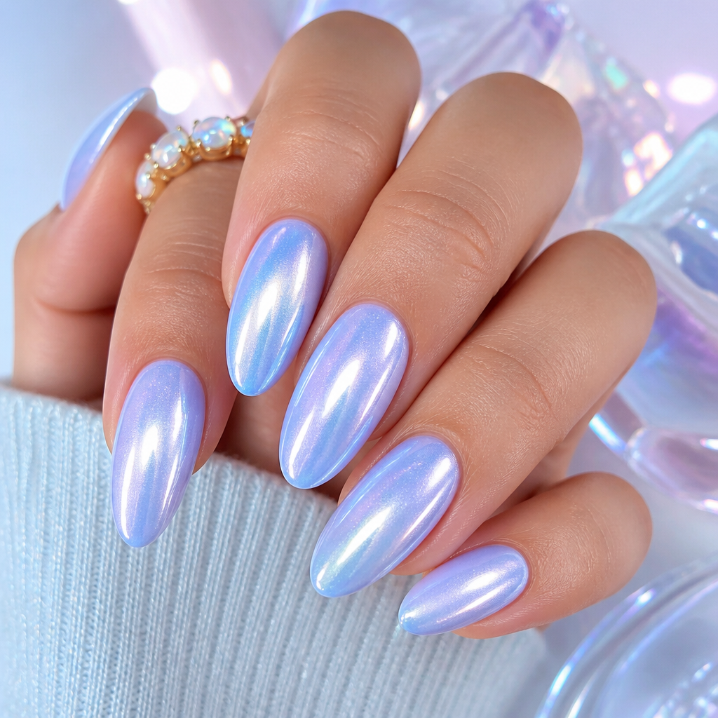 Medium almond nails in sheer blueberry milk blue with a pearlescent glazed donut chrome finish