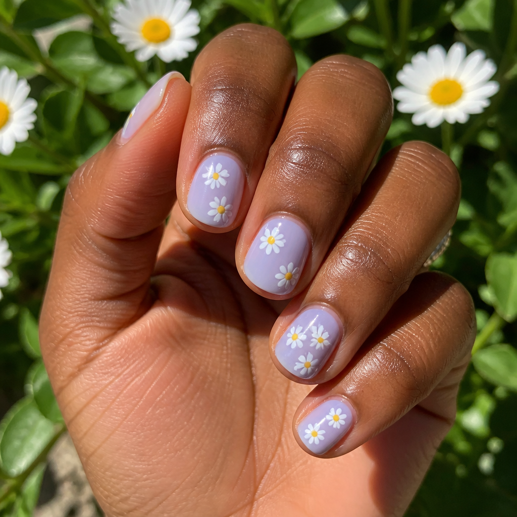Short round nails with sheer blueberry milk base and hand-painted tiny white daisy flowers