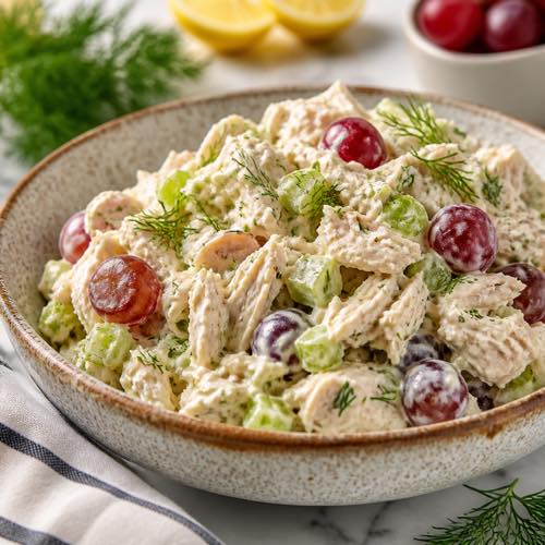 Overhead view of healthy canned chicken salad in a ceramic bowl