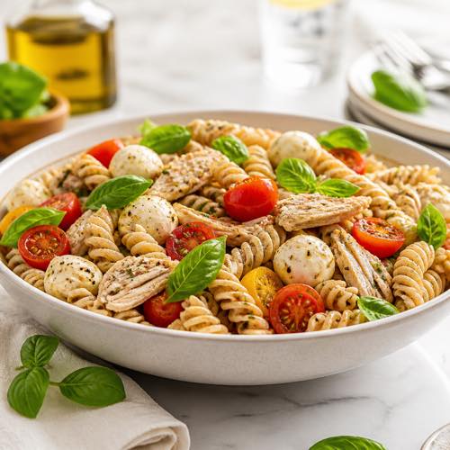 Healthy canned chicken recipe - Whole-Wheat Chicken Caprese Pasta Salad