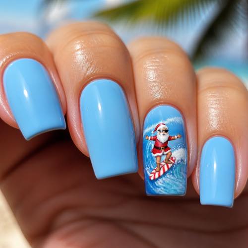 Christmas summer nail design - Surfboard Santa Accent Art
