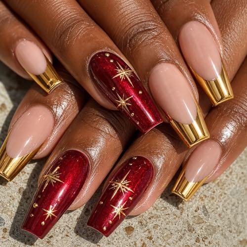 Christmas summer nail design - Sunny Gold & Crimson French Tips