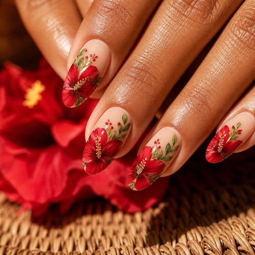 Christmas summer nail design - Hibiscus Poinsettia Fusion