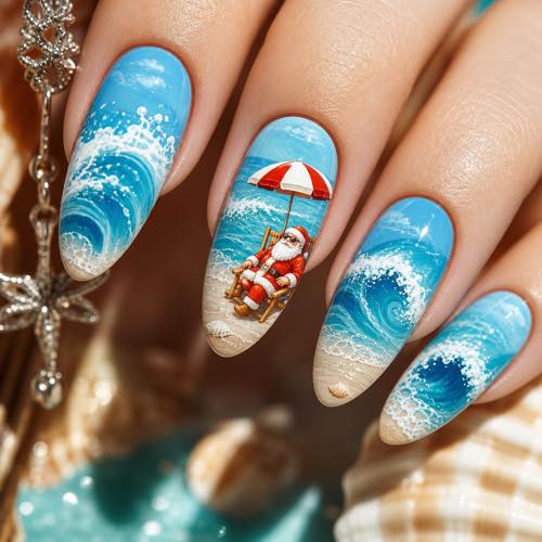 Christmas summer nail design - Santa on the Beach