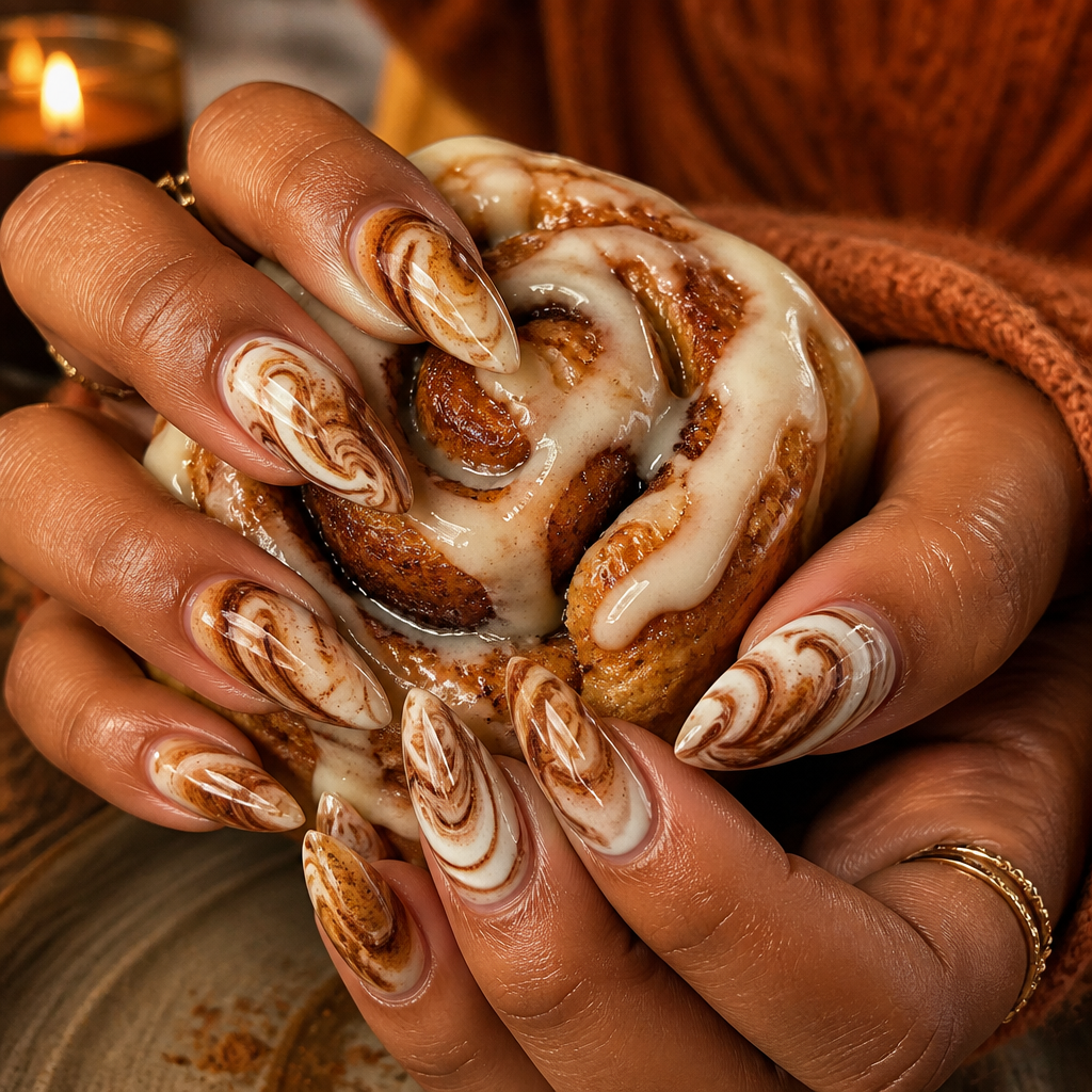 Cozy close-up of hands featuring long almond cinnamon roll nails