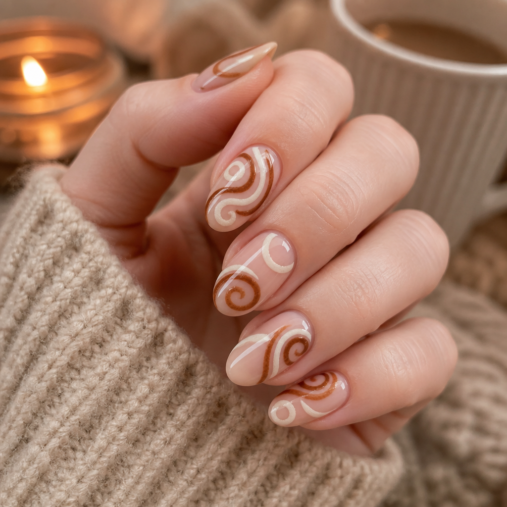 Classic swirl cinnamon roll art nails