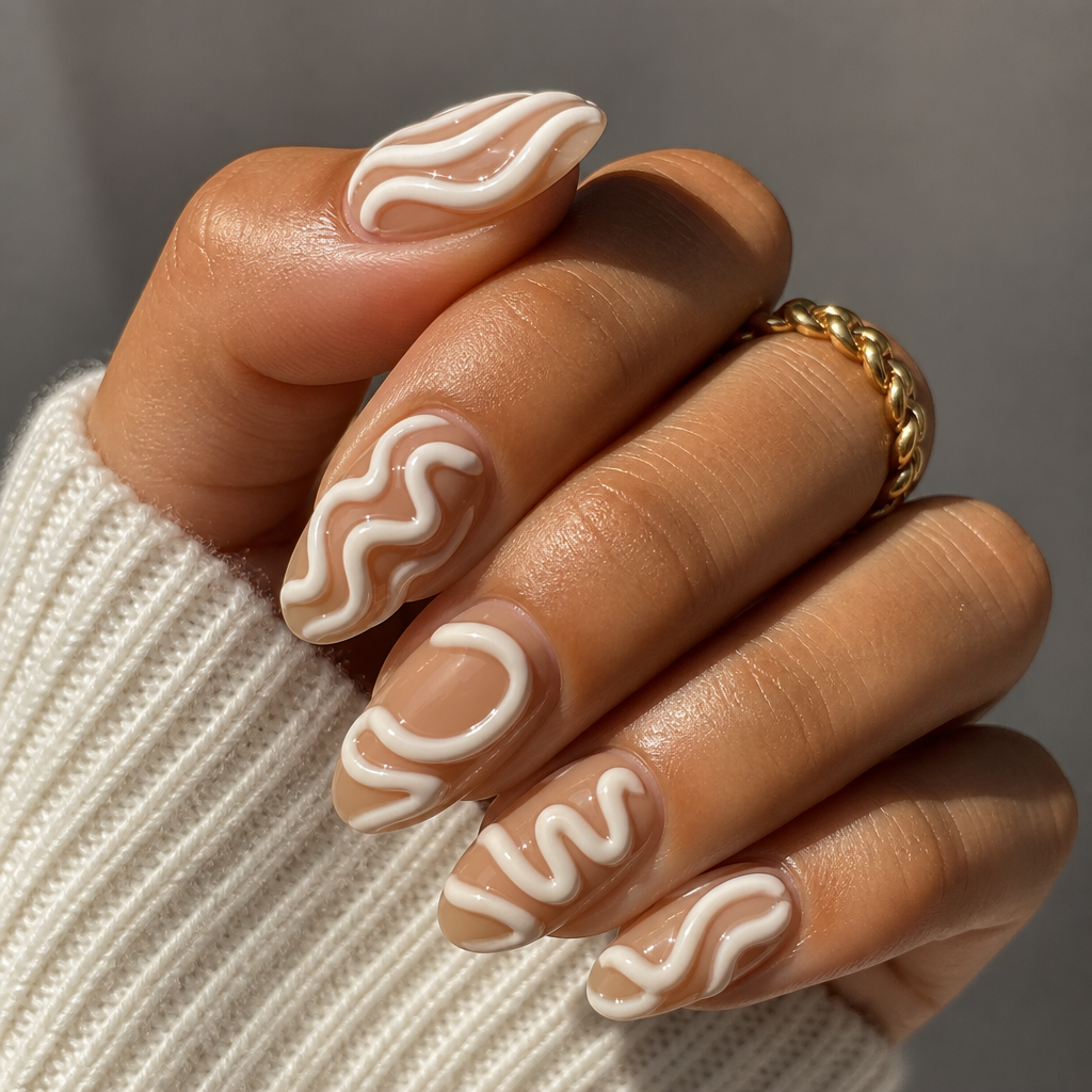 3D icing-texture detail on almond nails