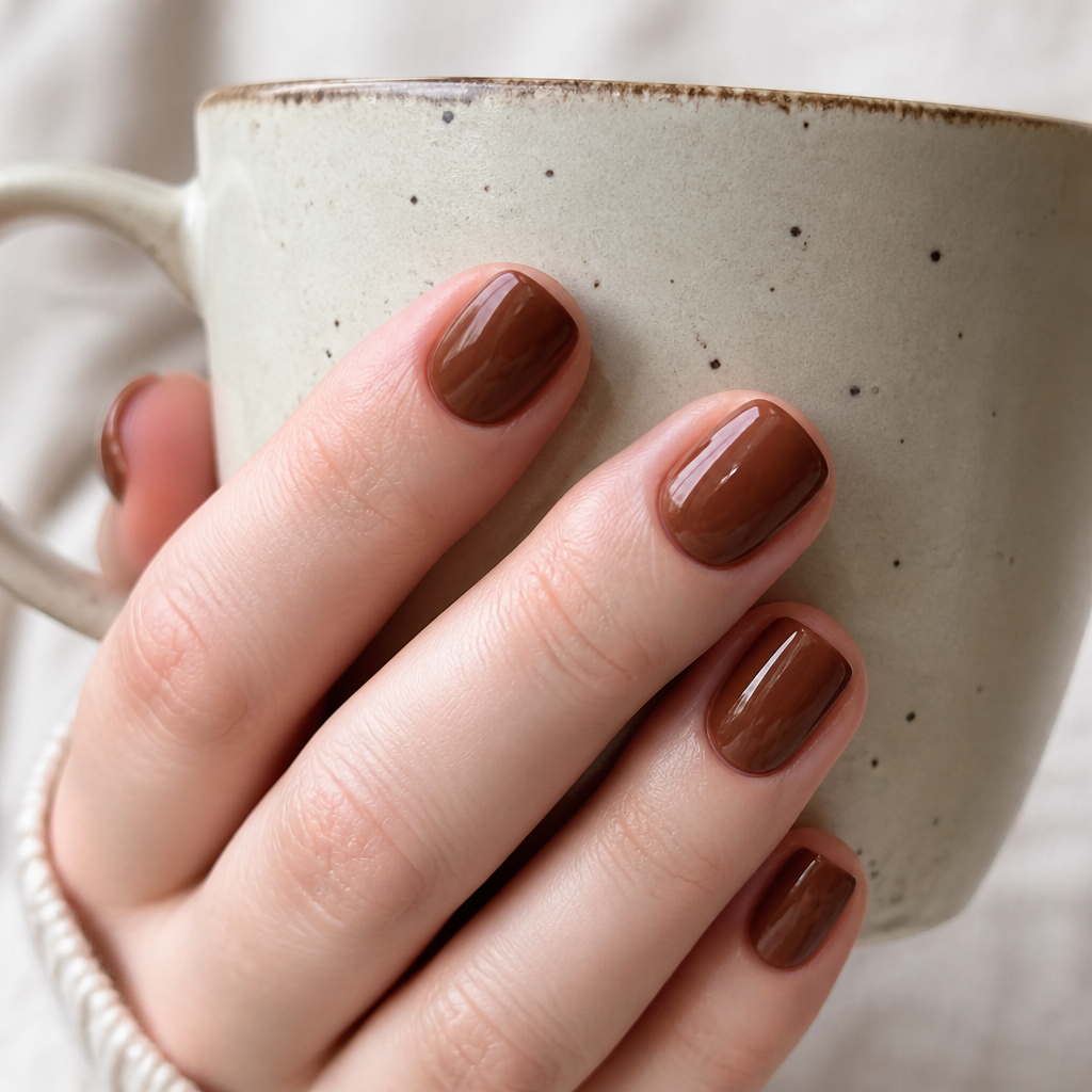 Short cozy cinnamon nails squoval shape