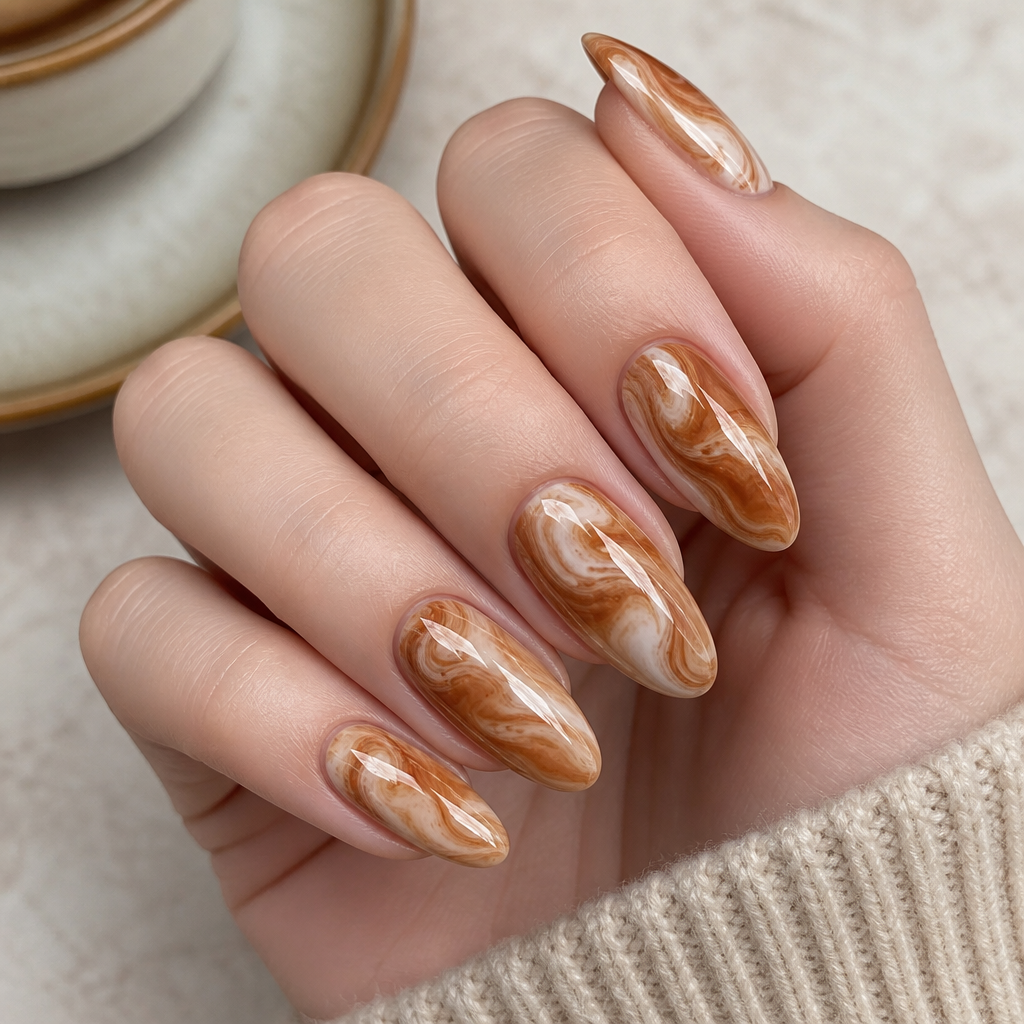 Marble caramel-and-cream elegant nails