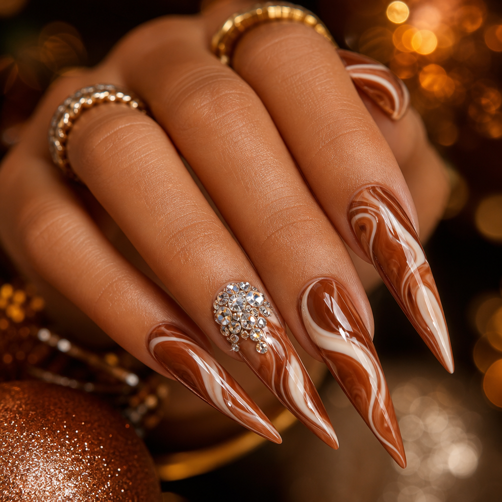 Cinnamon roll nails with sparkling rhinestones