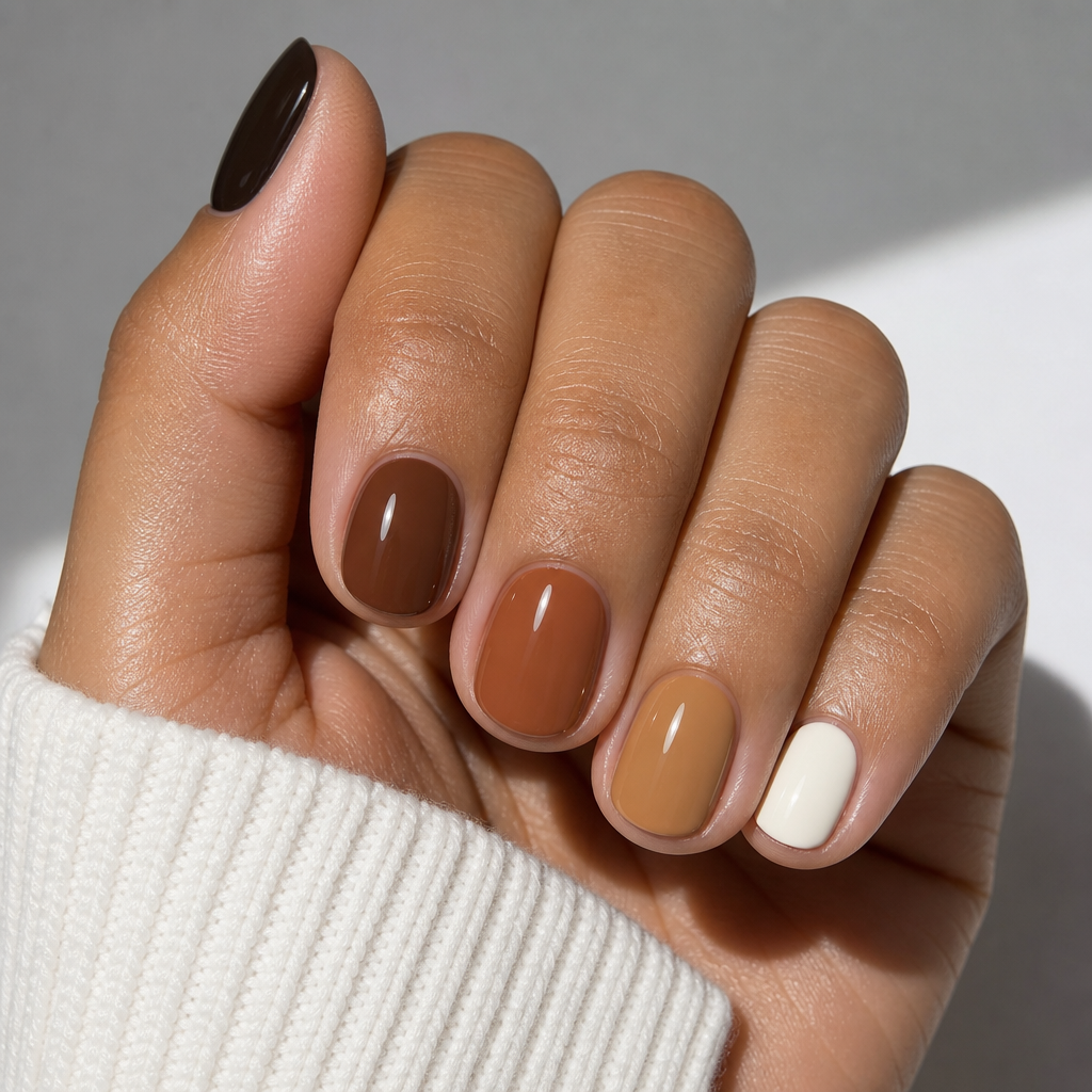 Gradient cinnamon tones Skittle manicure