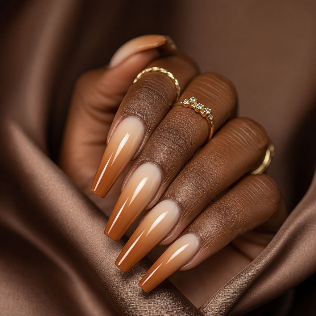 Warm caramel ombre coffin nails