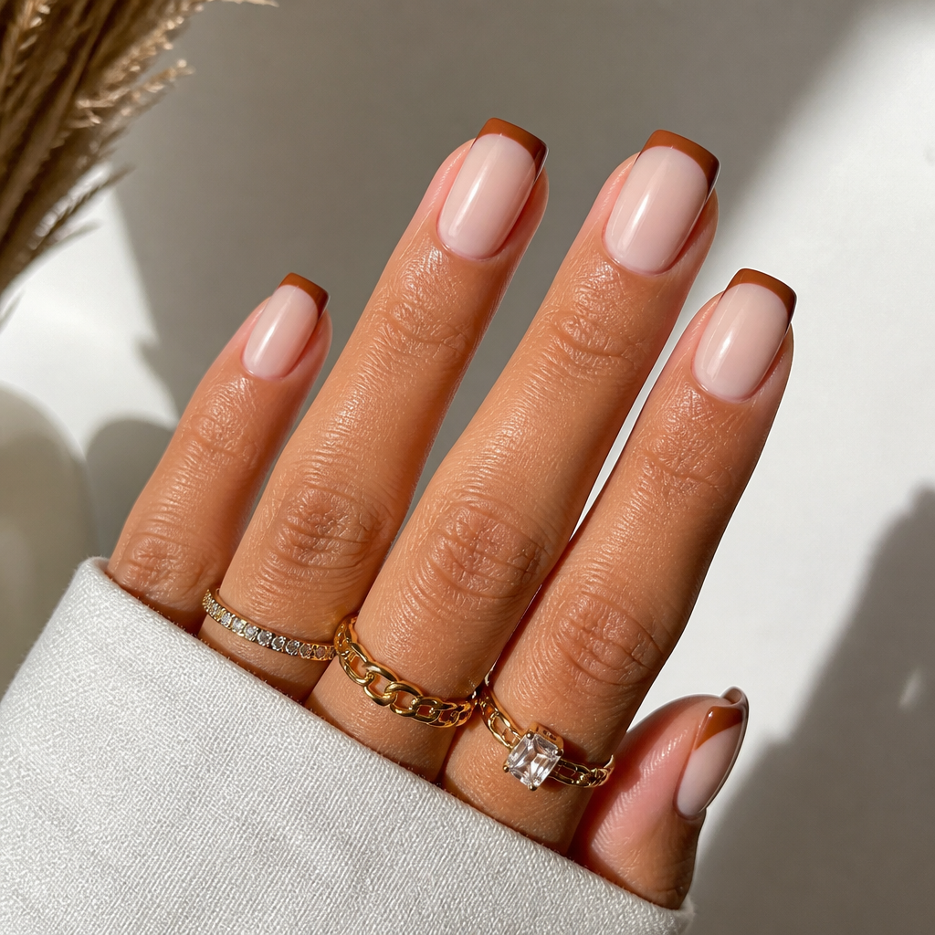 Cinnamon-brown French tips on nude base