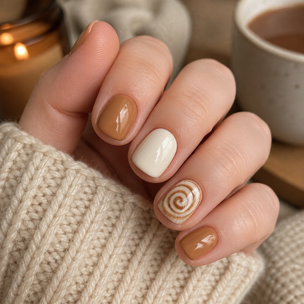 Swirl accent nail with solid neutrals