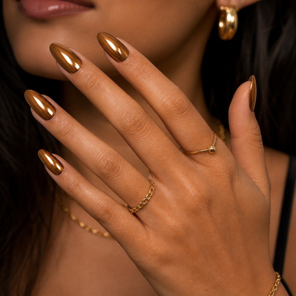 Chrome caramel nails with metallic finish