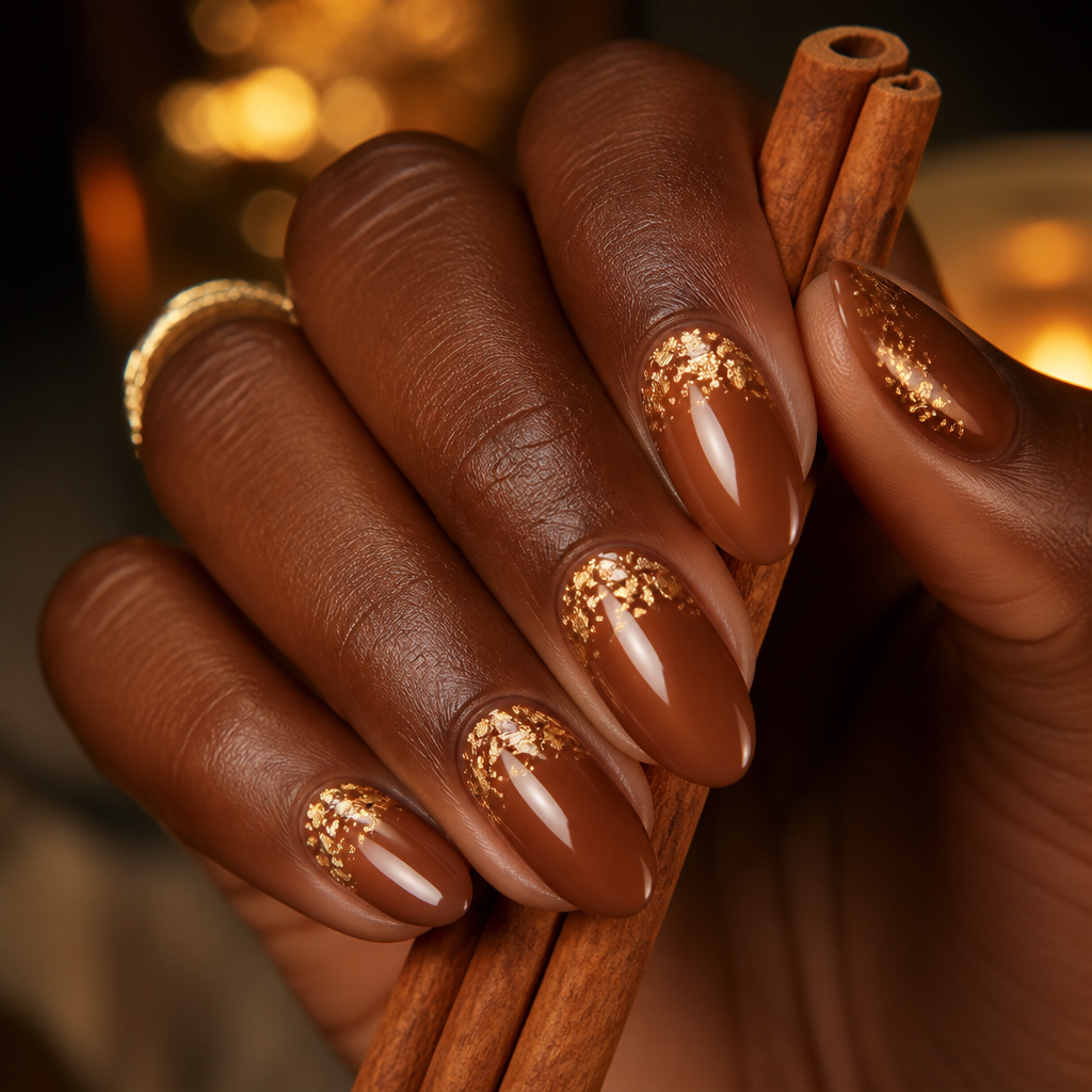 Cinnamon roll nails with gold foil accents