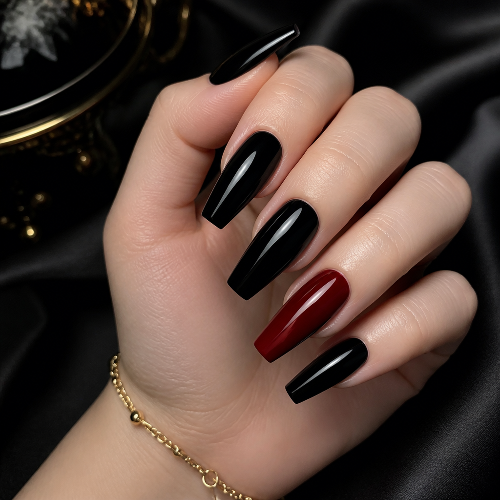 Black with a Red Accent Nail