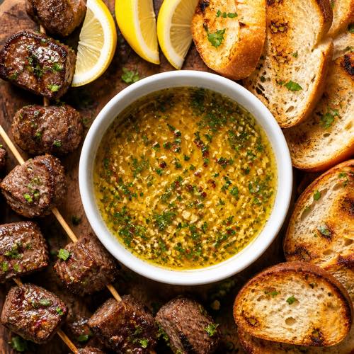 Overhead flat lay of warm melted cowboy butter dipping sauce with steak bites and lemon