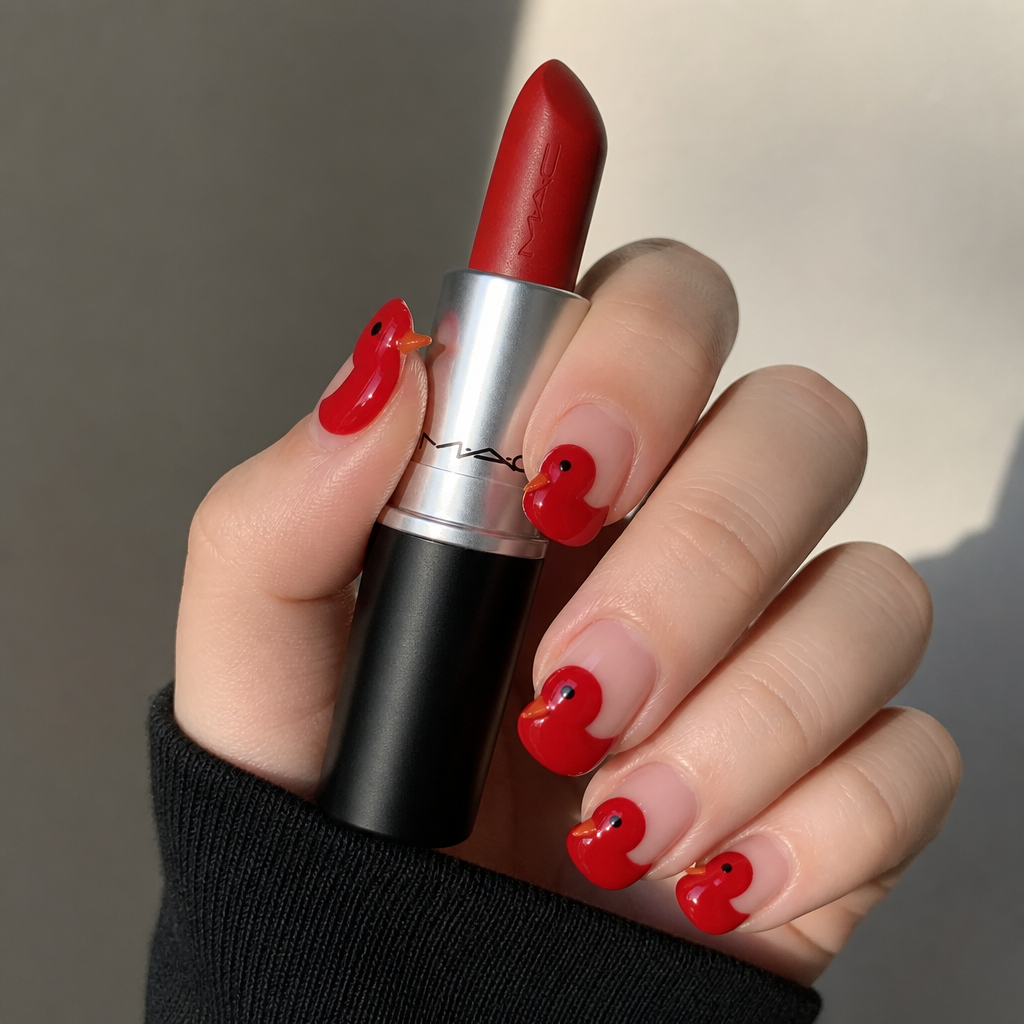 Bold red short duck nails acrylic.