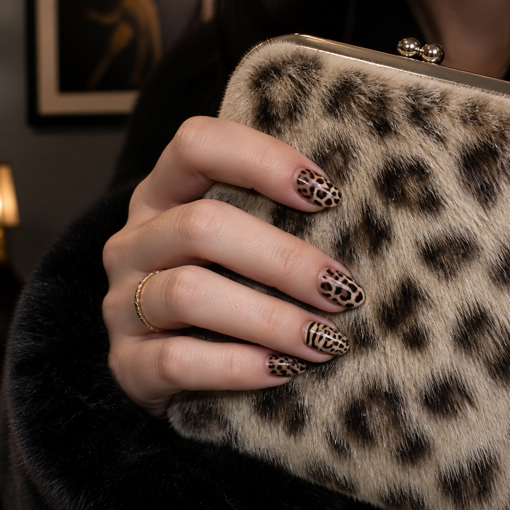 Animal-print short duck nails acrylic flare.