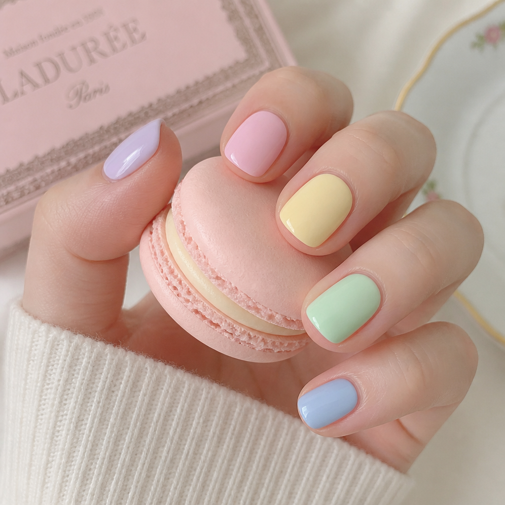 Soft pastel short duck nails acrylic.