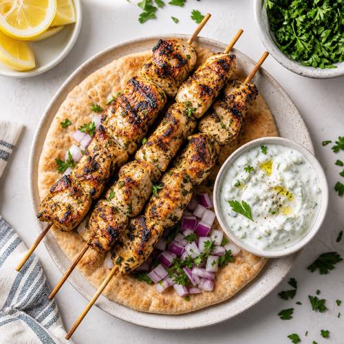 Healthy grilled chicken recipe - Traditional Grilled Chicken Souvlaki with Tzatziki