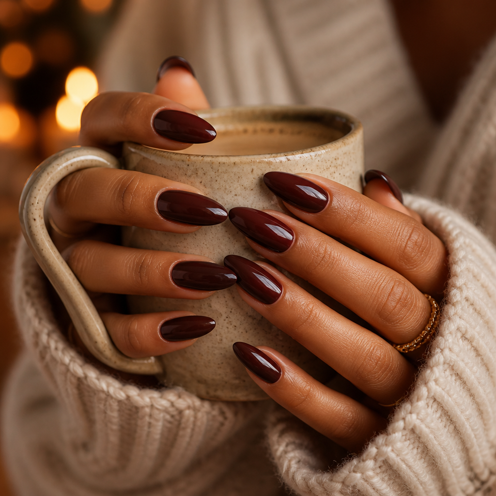 Cozy cherry mocha almond nails with coffee mug
