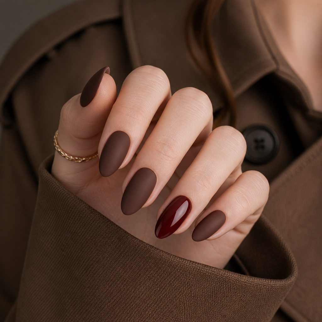Matte mocha nails with cherry red accent