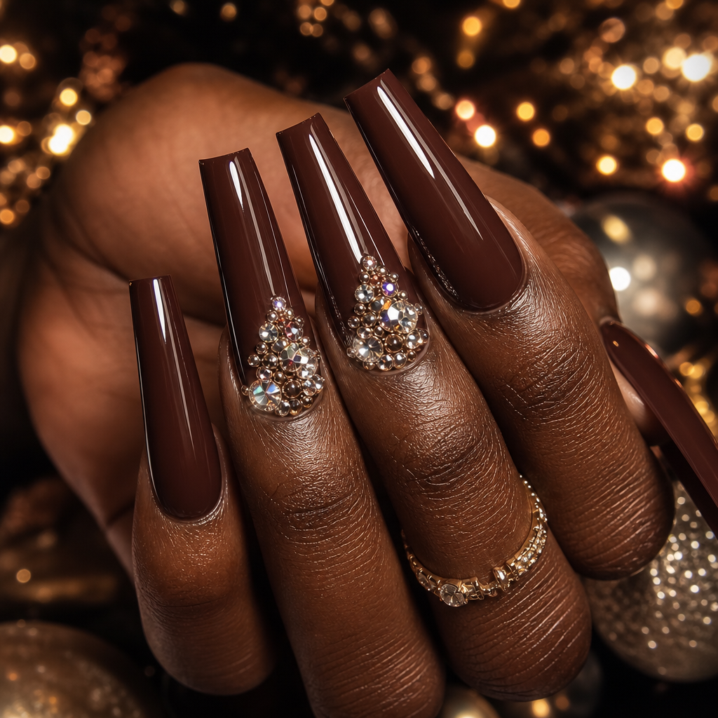 Cherry mocha nails with sparkling rhinestones