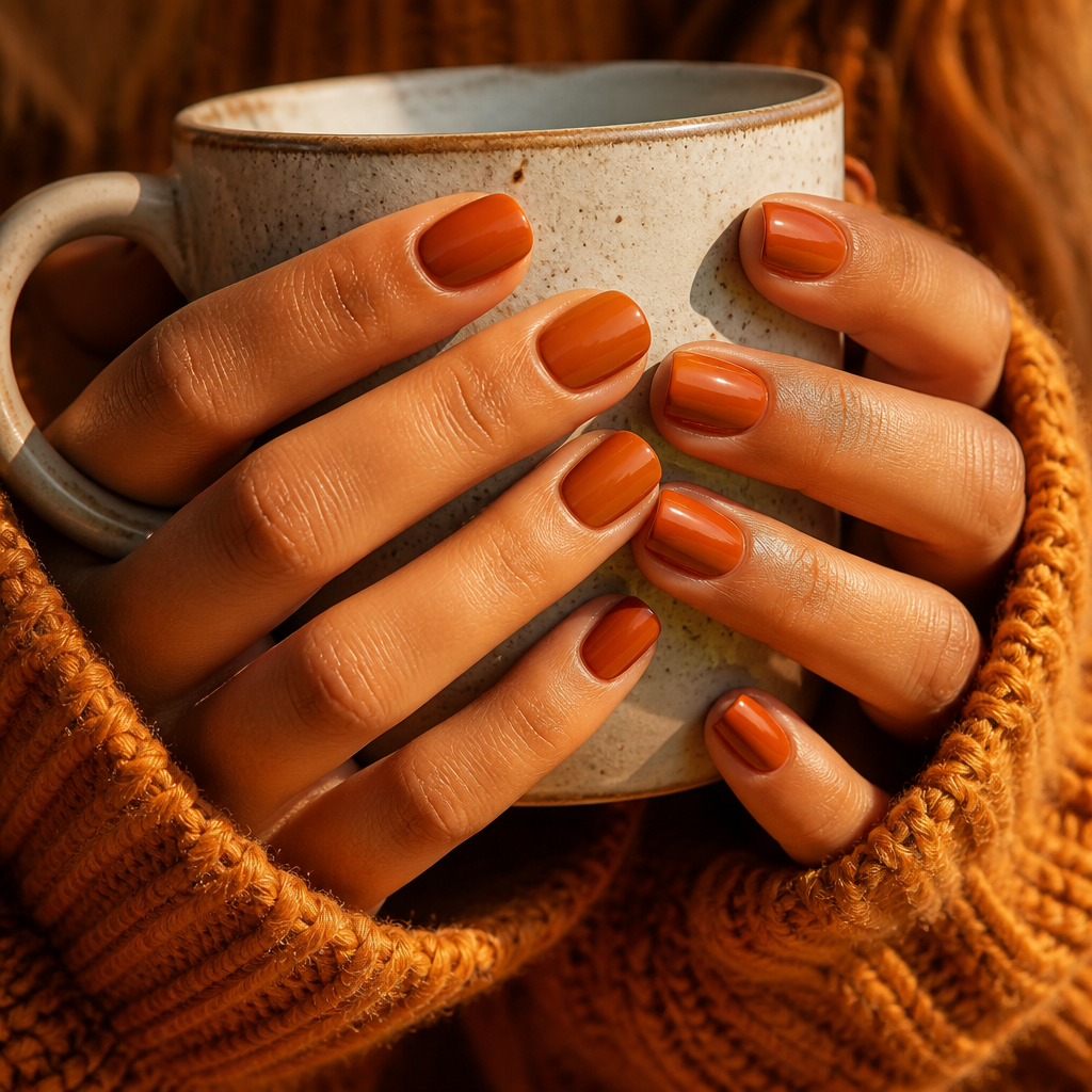 Warm cozy close-up of short glossy solid burnt orange nails