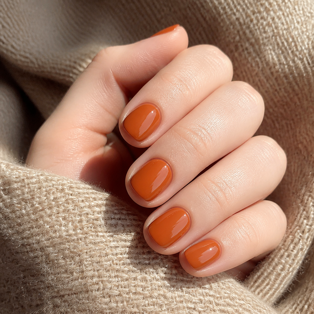 Glossy solid burnt orange short round nails