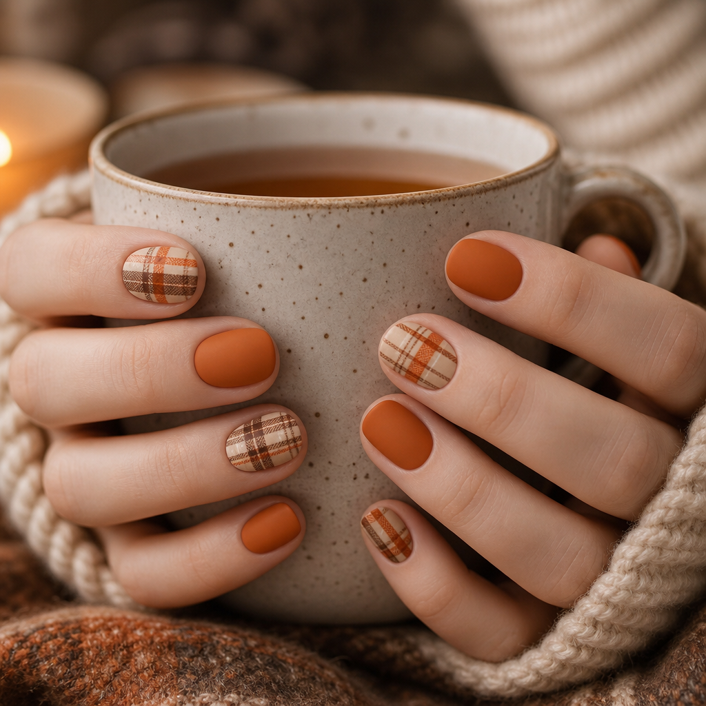 Cozy plaid flannel print on short oval burnt orange nails