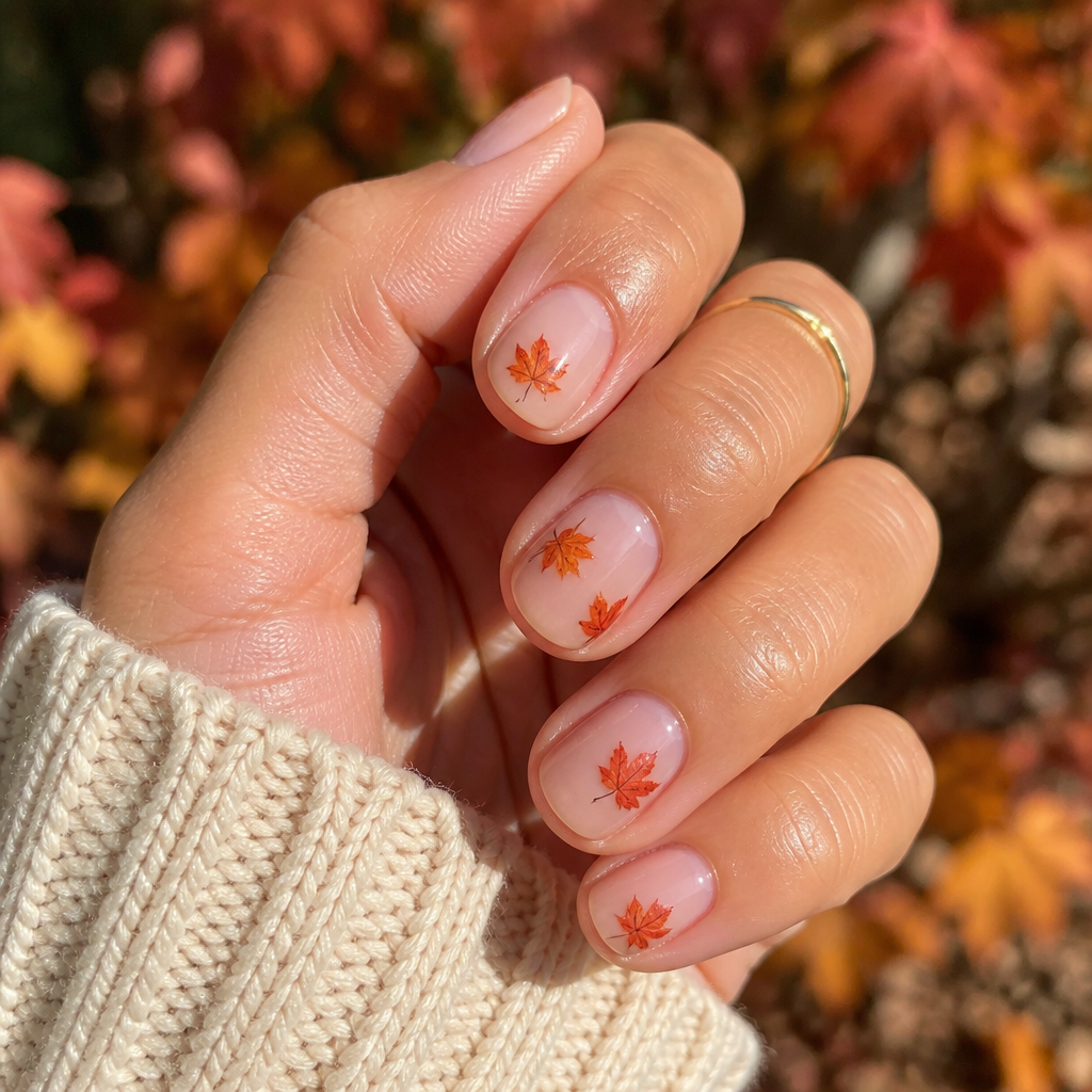 Tiny leaf art accents on sheer short round nails