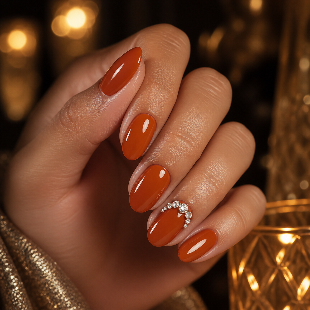 Burnt orange short almond nails with rhinestones