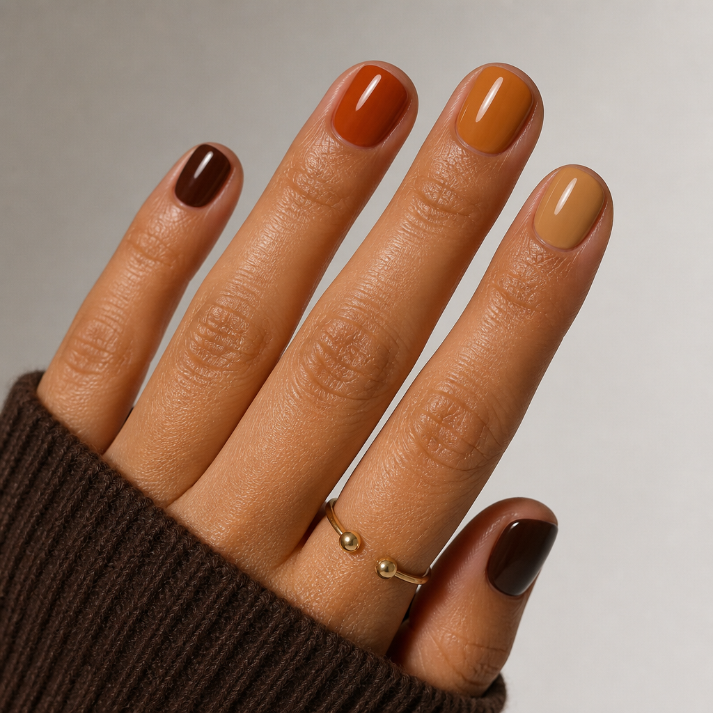 Orange and brown gradient Skittle short round nails