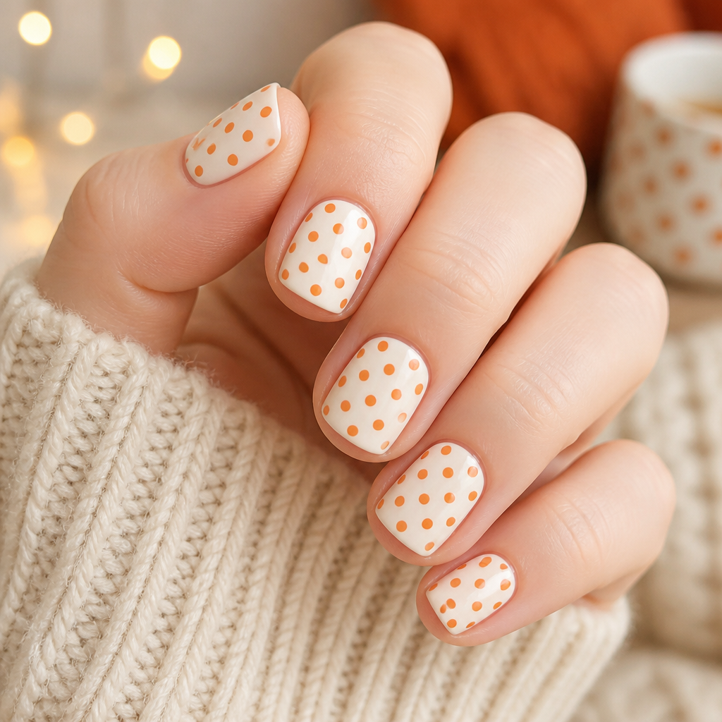 Burnt orange polka dots on short square nails