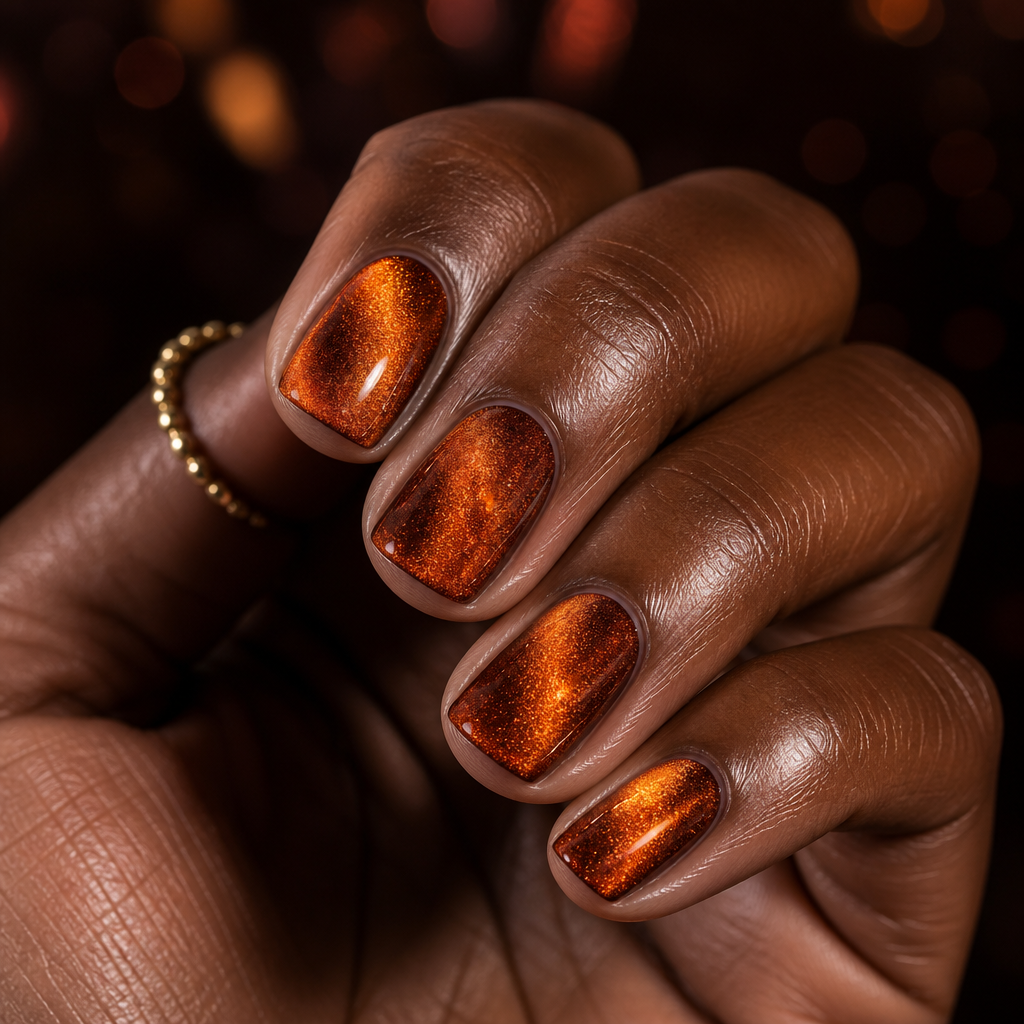 Burnt orange velvet magnetic finish short squoval nails