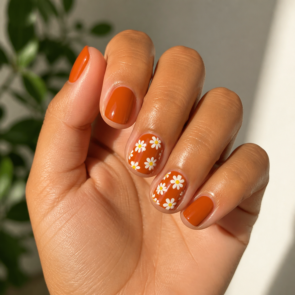 Burnt orange short round nails with white daisy accents