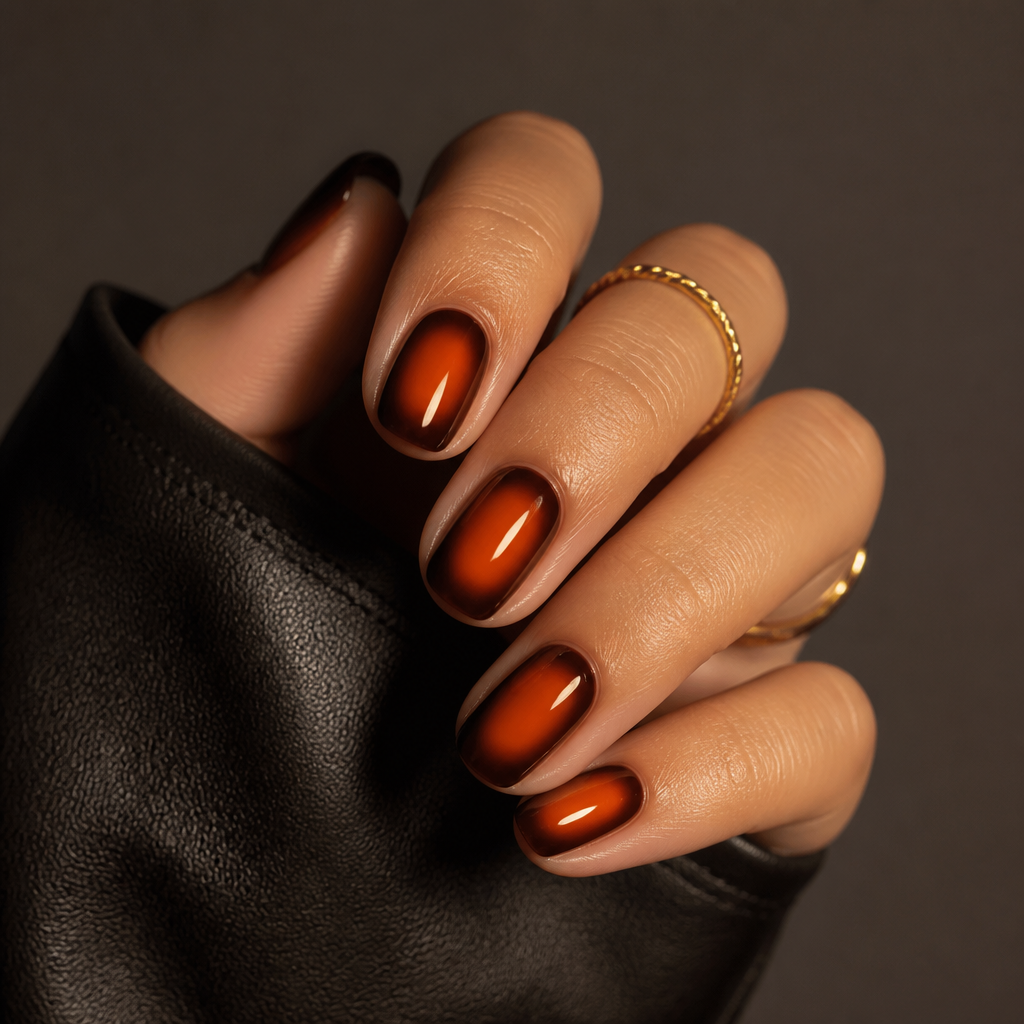 Burnt orange aura blush effect on short oval nails