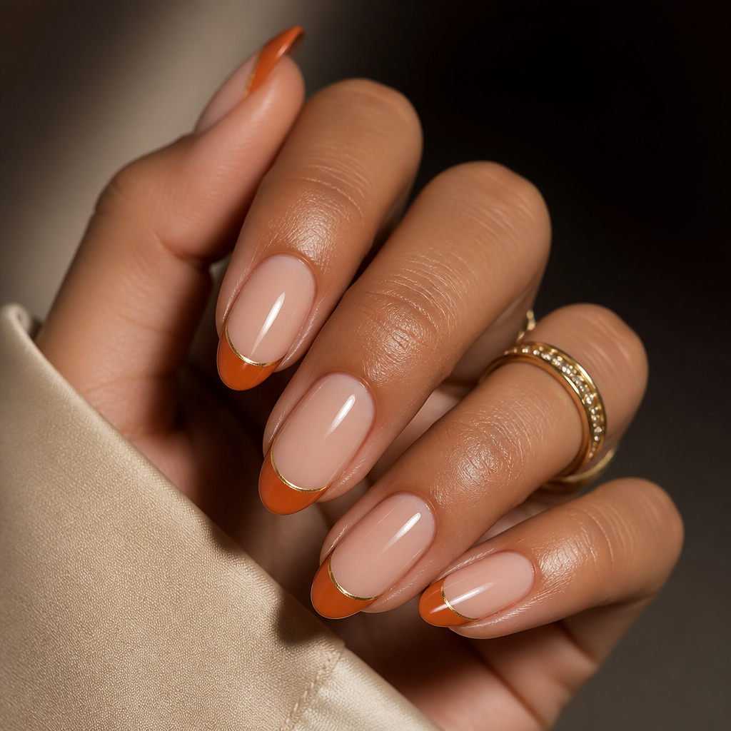 Burnt orange and gold French on short almond nails