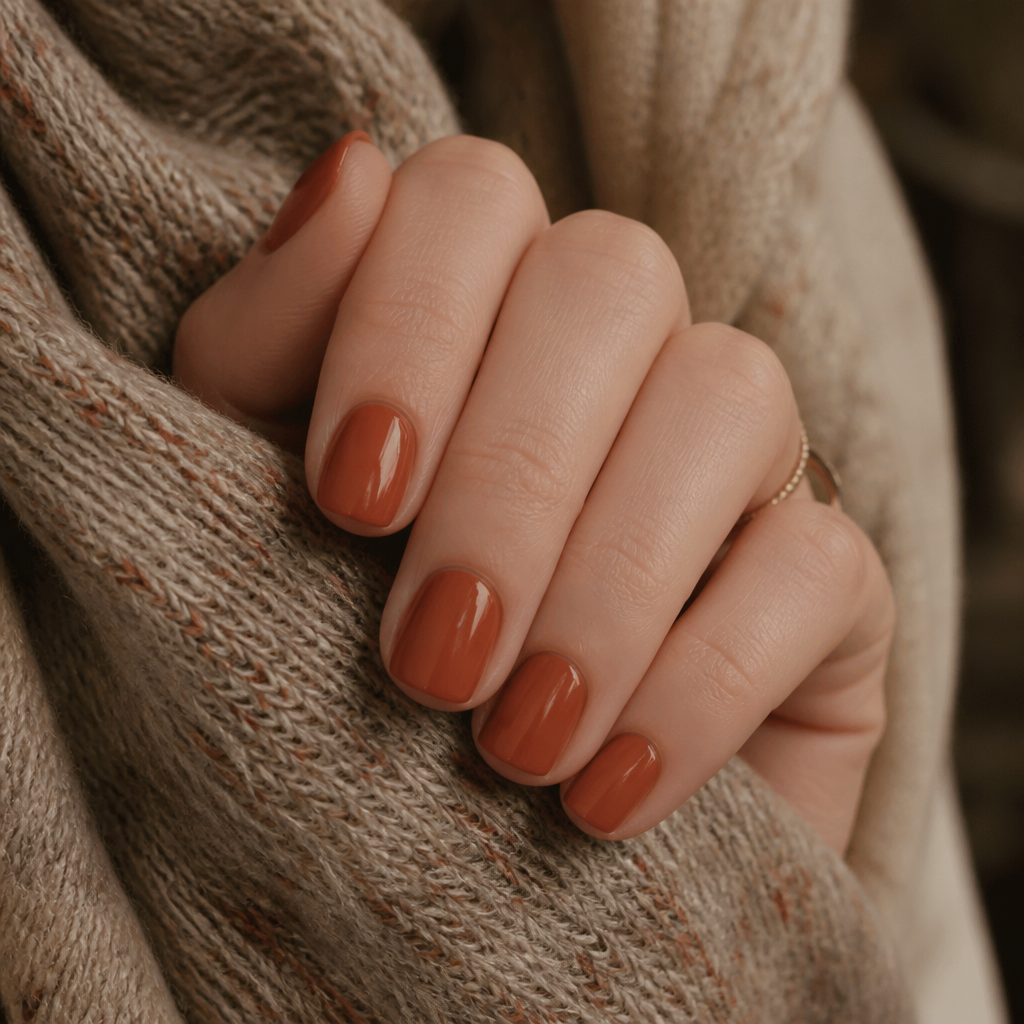 Terracotta-toned muted burnt orange short square nails