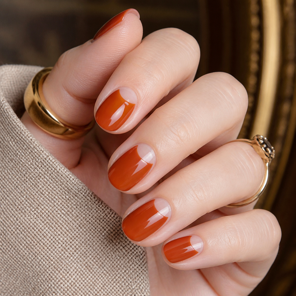 Burnt orange half-moon vintage short oval nails