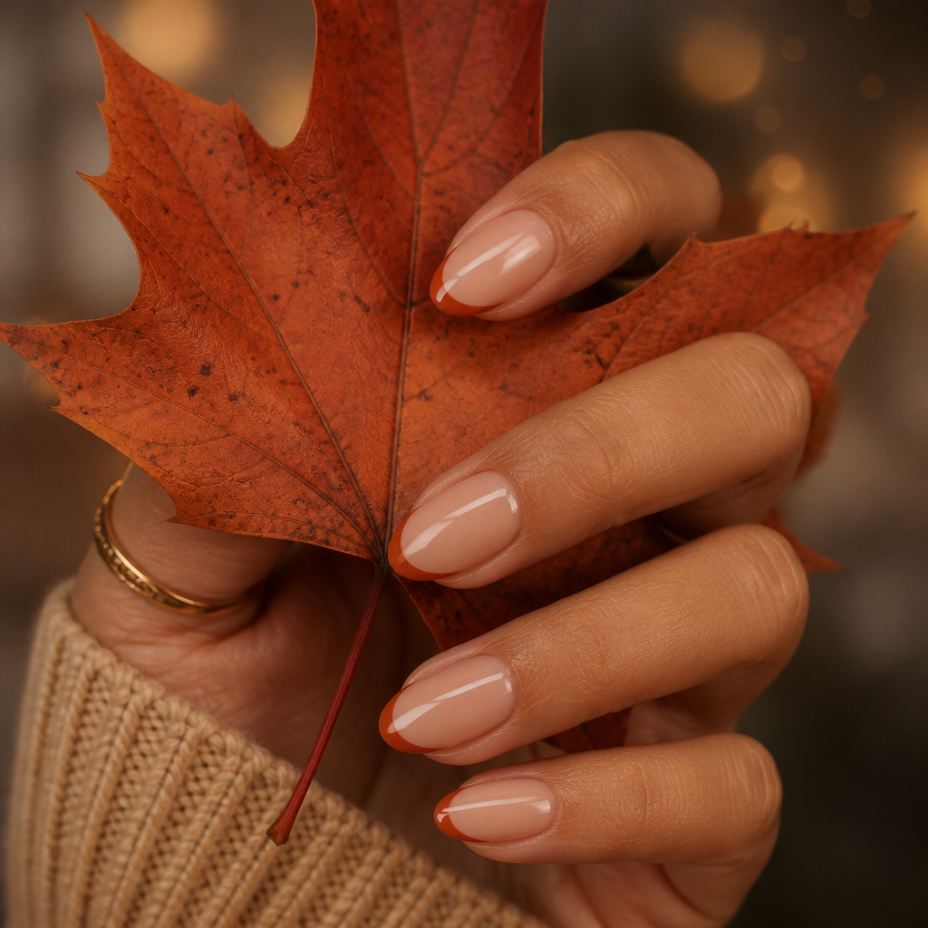 Burnt orange French tips on short almond nails